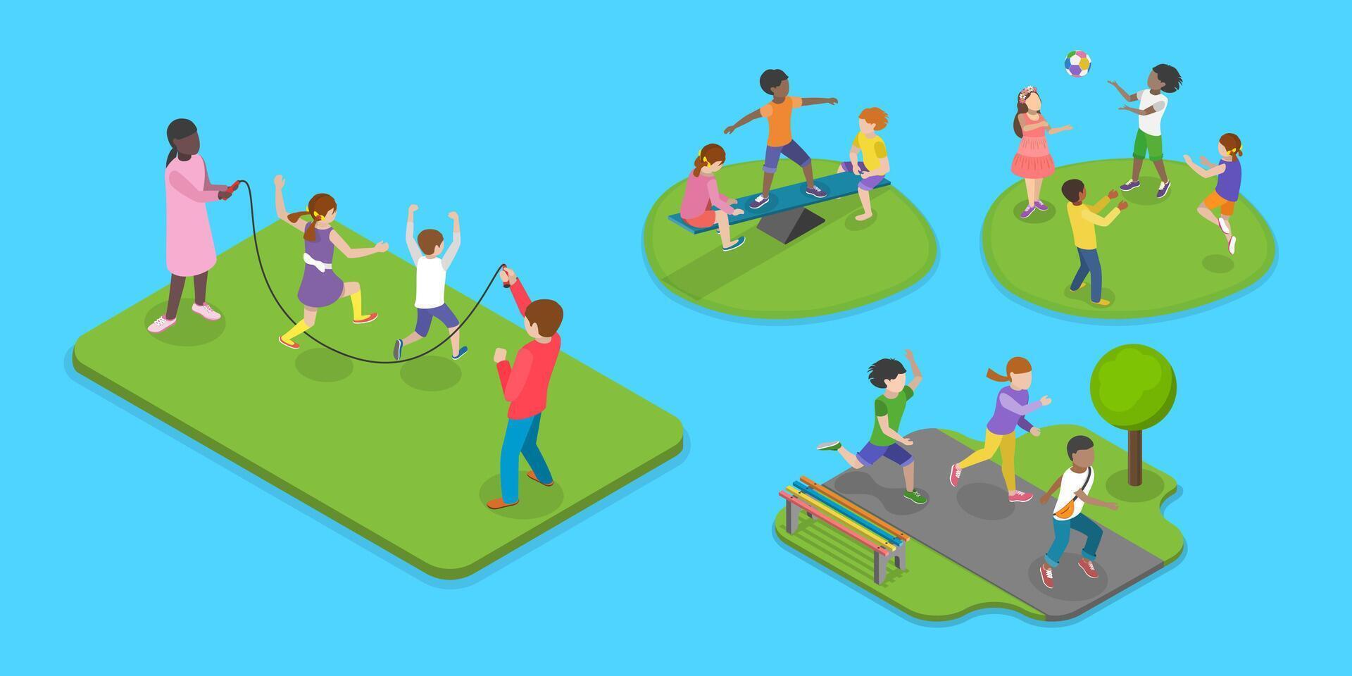 3D Isometric Flat Illustration of Children Playing Outside, Active Healthy Childhood vector