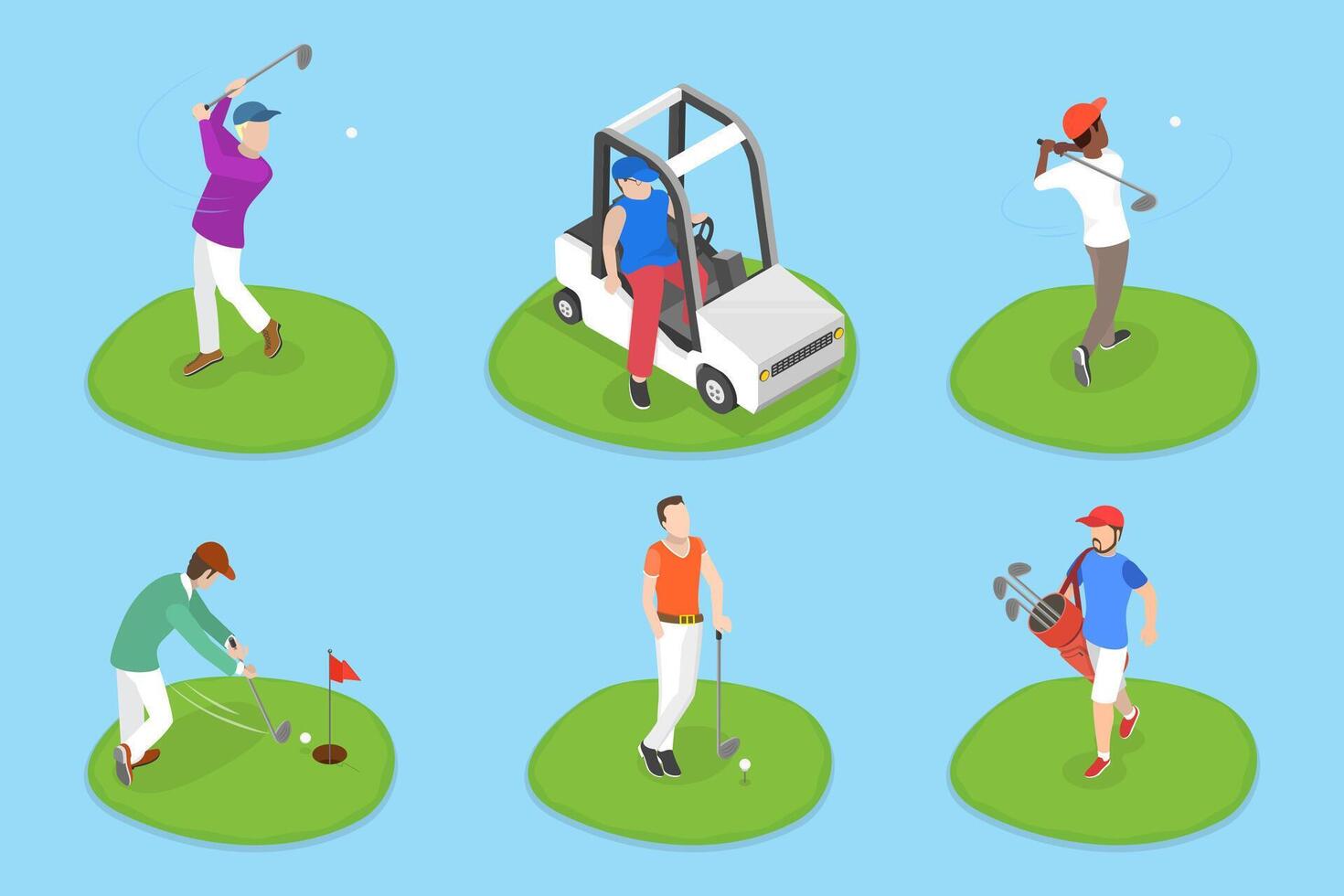 3D Isometric Flat Illustration of Golfers, Players on the Course with Clubs and Carts vector