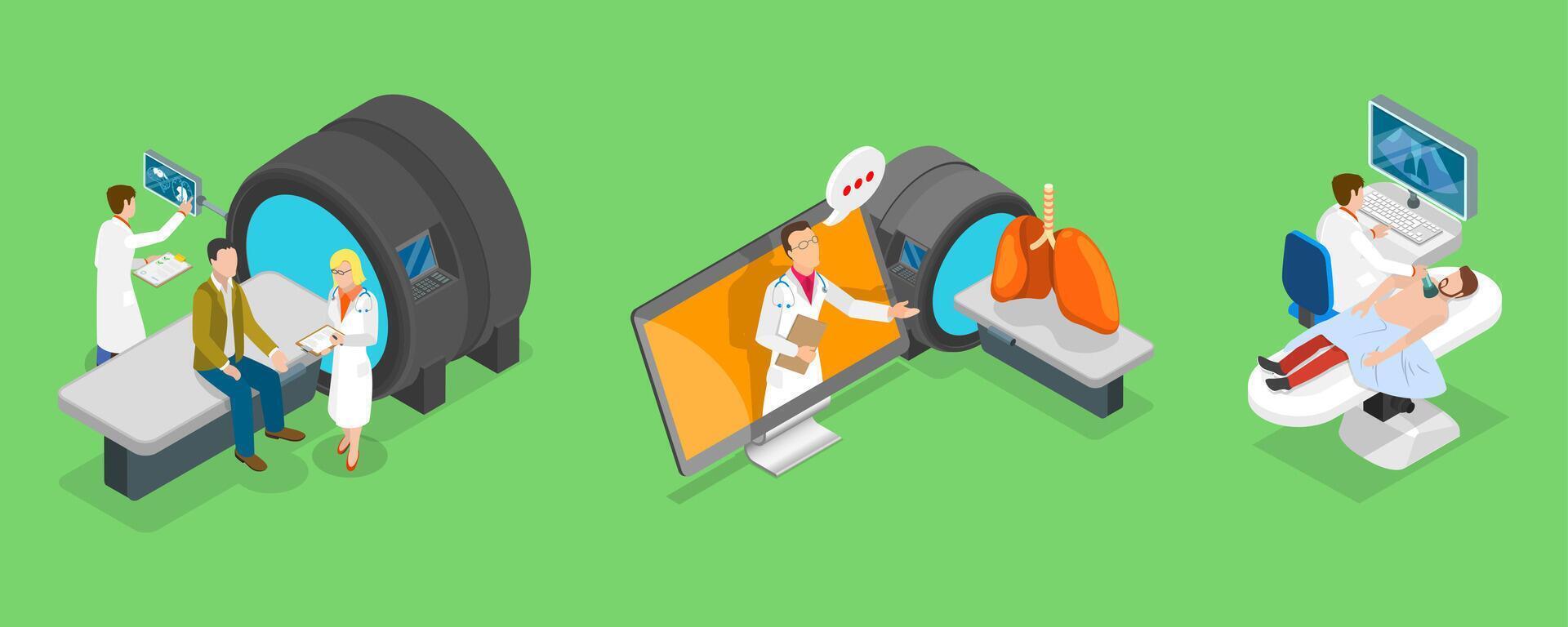 3D Isometric Flat Illustration of Instrumental Diagnostic Methods, MRI Scan, Ultrasound, X-Ray vector