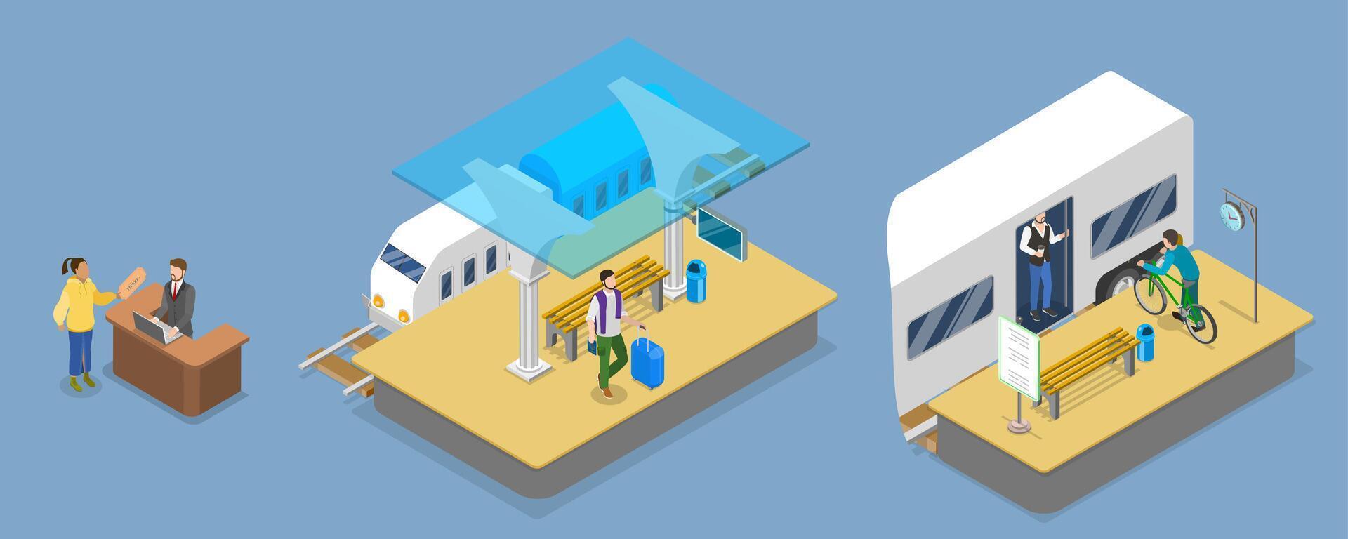 3D Isometric Flat Illustration of Railway Station , Train Platform vector