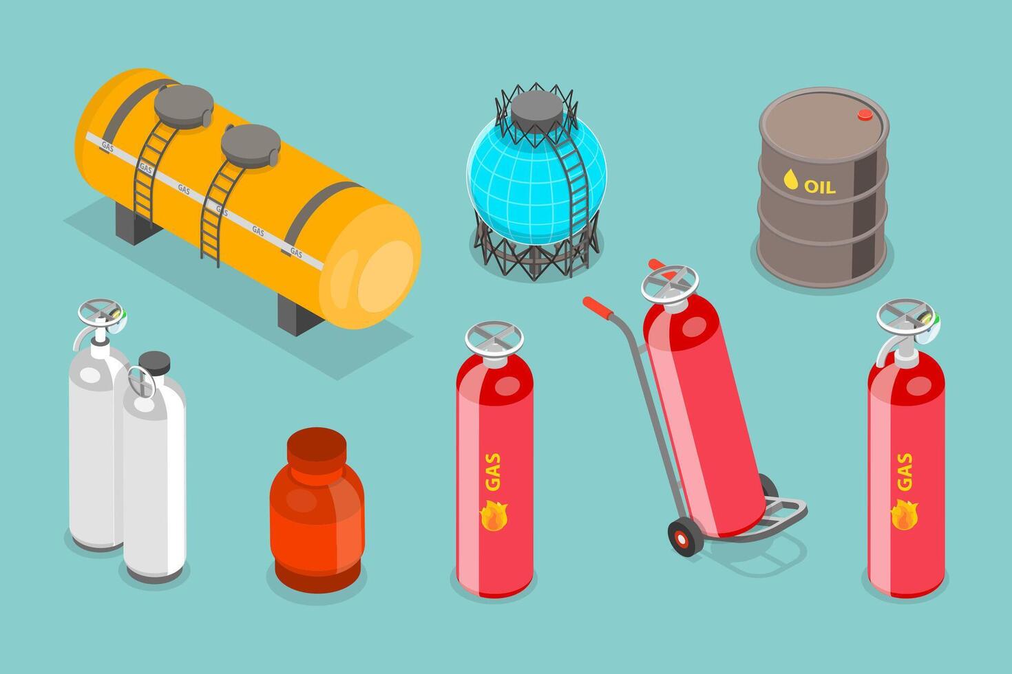 3D Isometric Flat Illustration of Gas Cylindrical Containers, Metal Tanks with Industrial Liquefied Oxygen vector