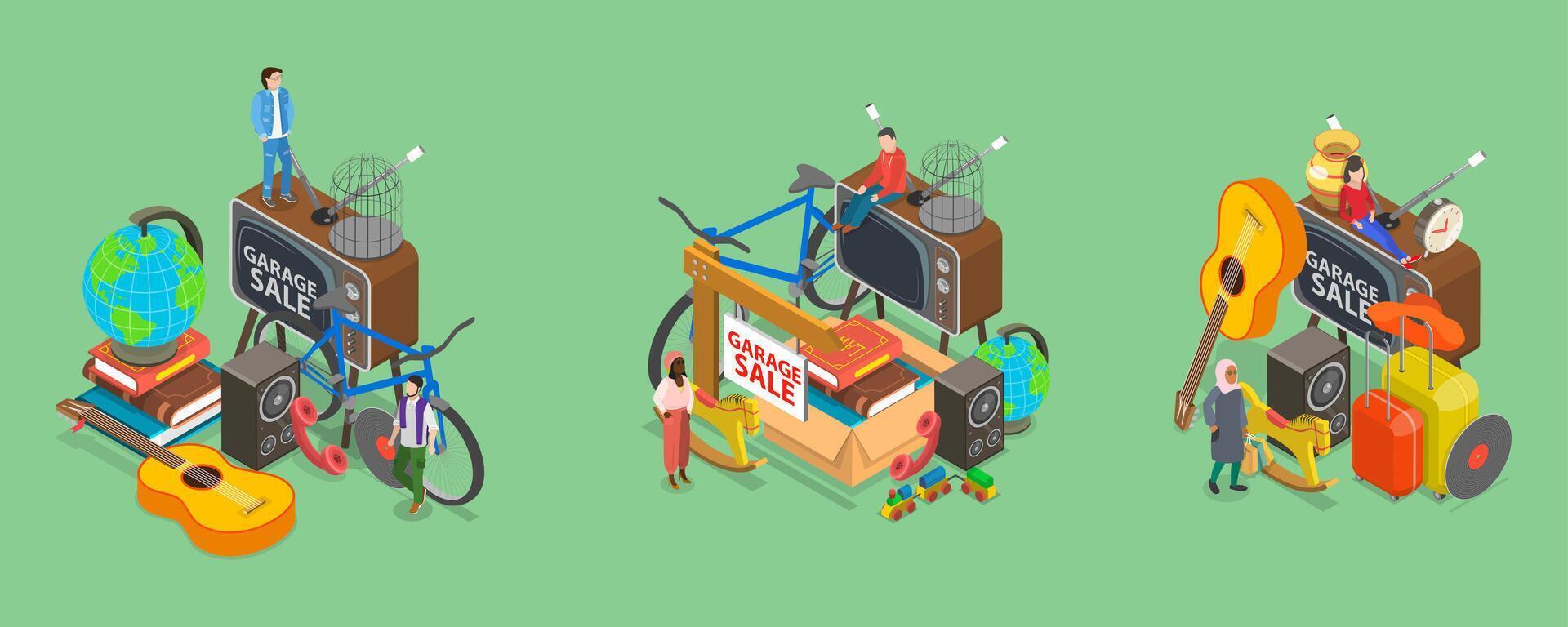 3D Isometric Flat Illustration of Garage Sale, Flea Market, Bazaar vector
