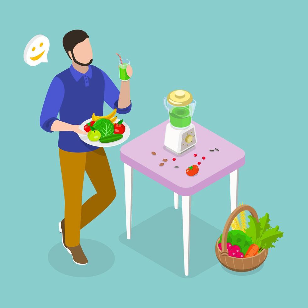 3D Isometric Flat Illustration of Vegan Lifestyle, Healthy Diet to Get Rid of Toxins and Excess Weight vector