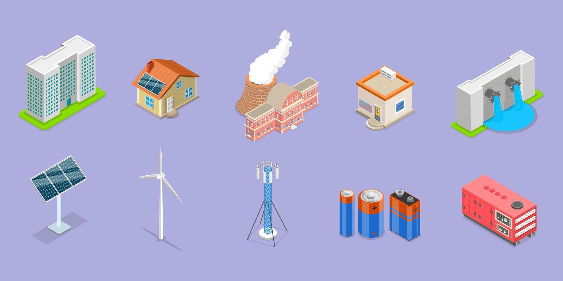 3D Isometric Flat Illustration of Smart Grid, Energy Saving vector
