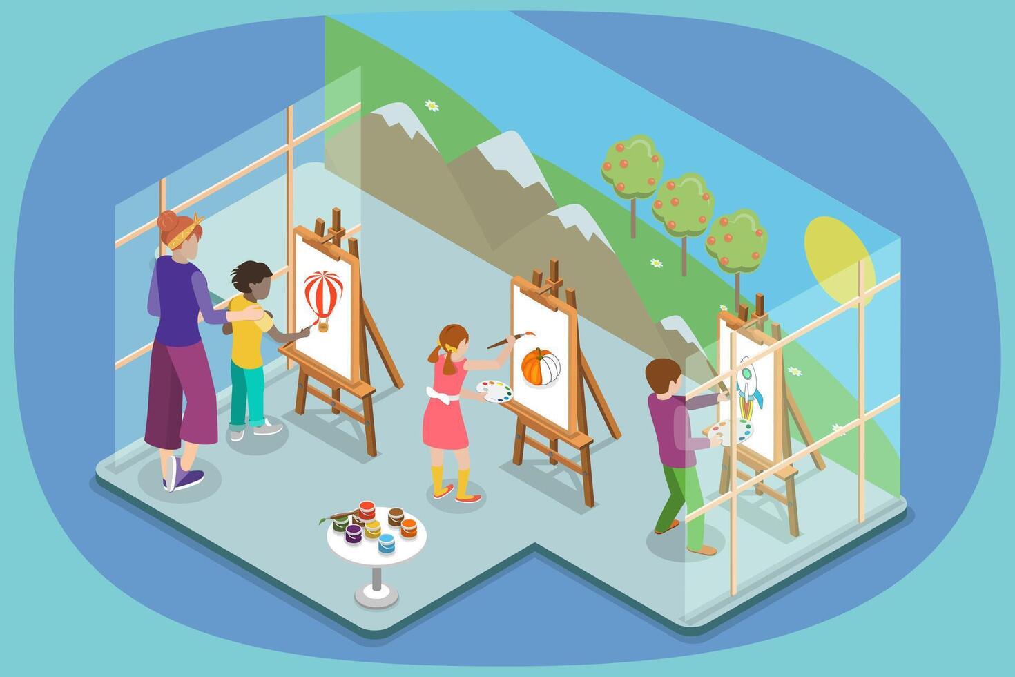 3D Isometric Flat Illustration of Painting Courses In School, Art Creation Process vector