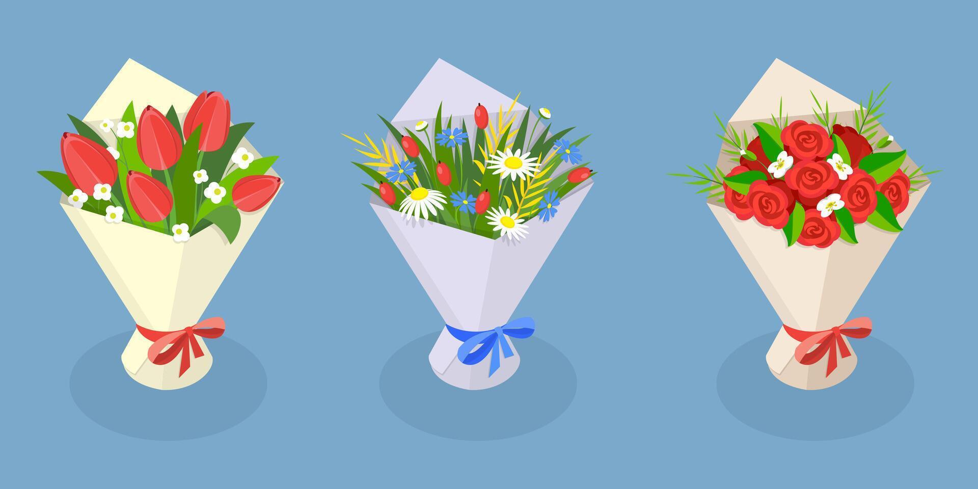 3D Isometric Flat Set of Flower Bouquets, Floral Decoration vector
