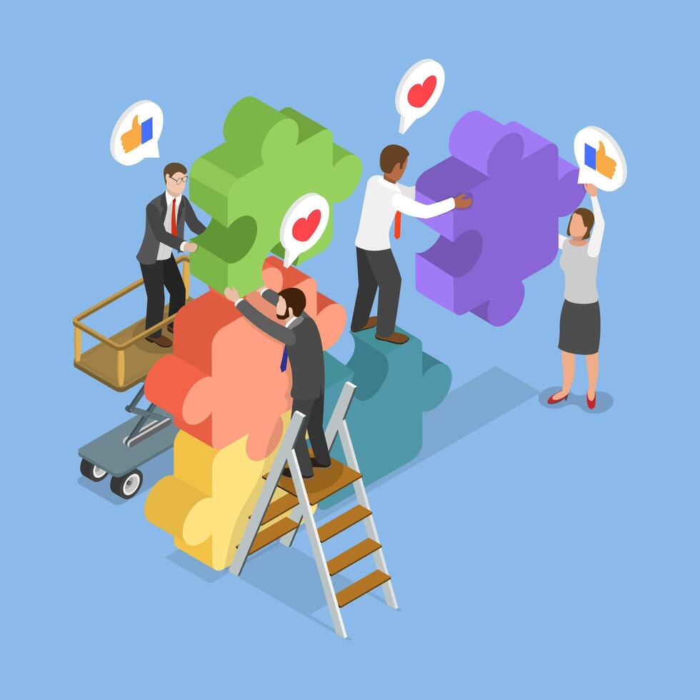 3D Isometric Flat Illustration of Teamwork and Cooperation, Collective Work and Partnership vector
