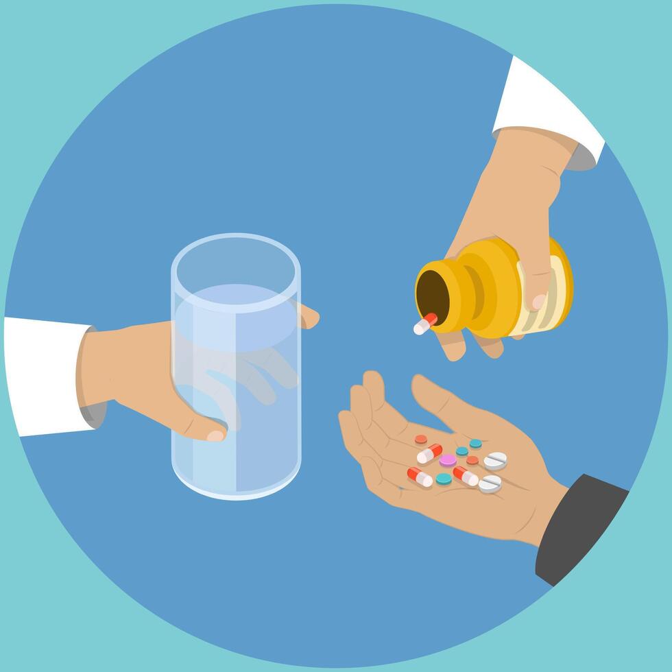 3D Isometric Flat Illustration of Patient Taking Medicine, Medication and Drugs vector