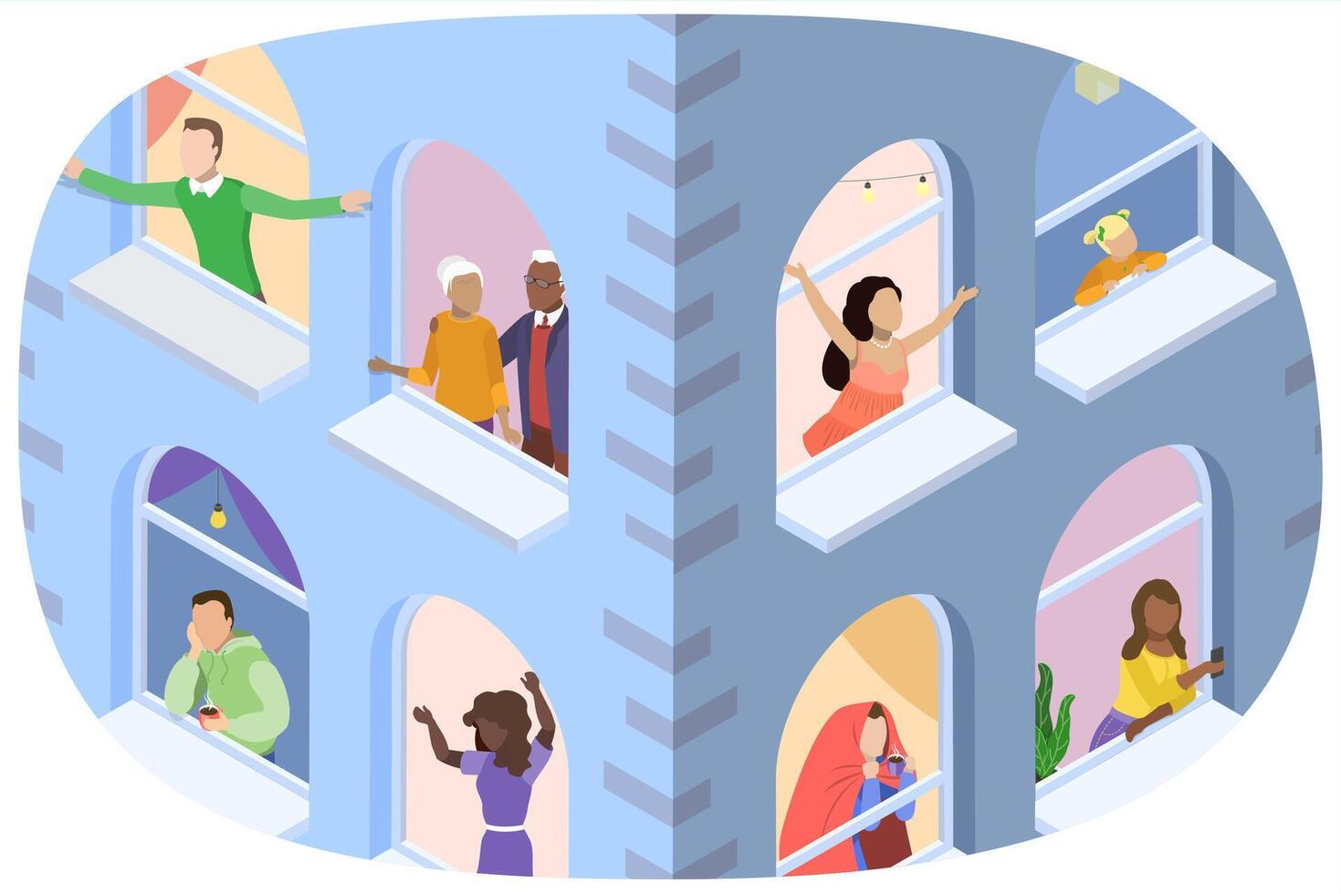 3D Isometric Flat Illustration of House Windows With People , Good neighborhood vector