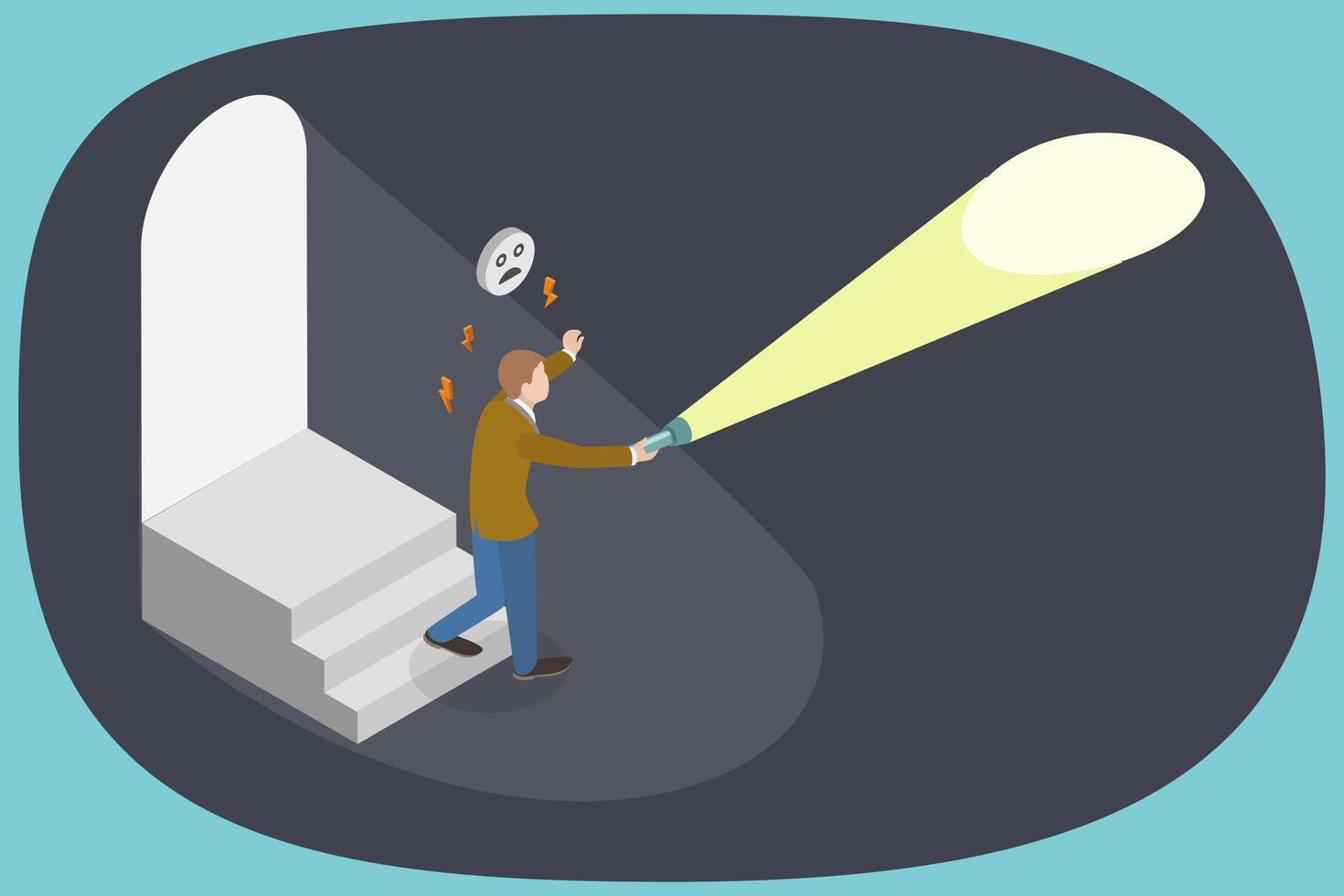 3D Isometric Flat Illustration of Darkness And Fear, Man with Flashlight vector