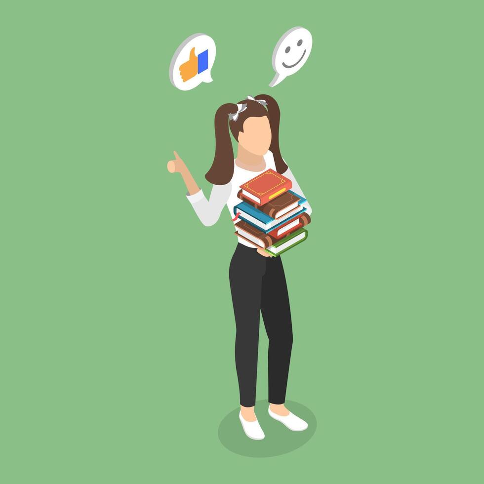 3D Isometric Flat Illustration of Schoolgirl With Textbooks , Happy Student vector