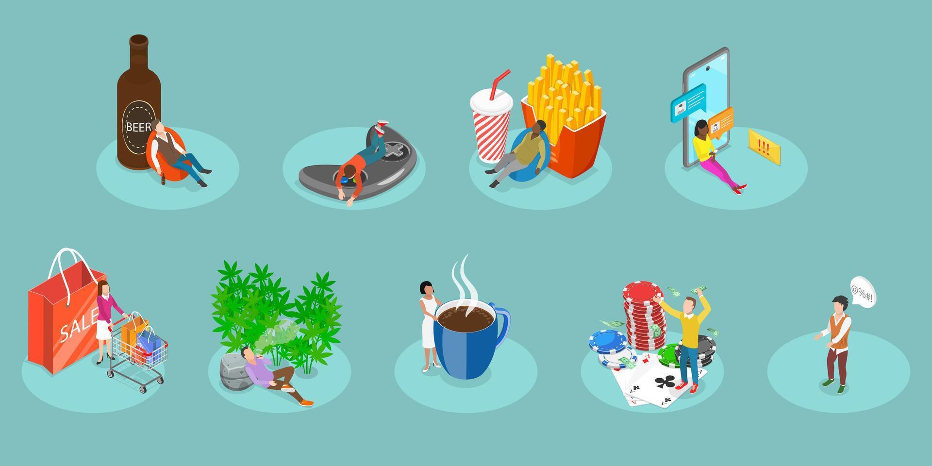 3D Isometric Flat Illustration of Bad Addictions, Obsessed and Addicted People vector