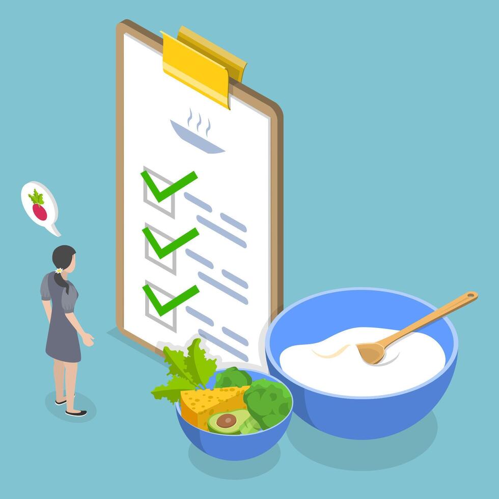 3D Isometric Flat Illustration of Healthy Eating, Diet Organizing vector