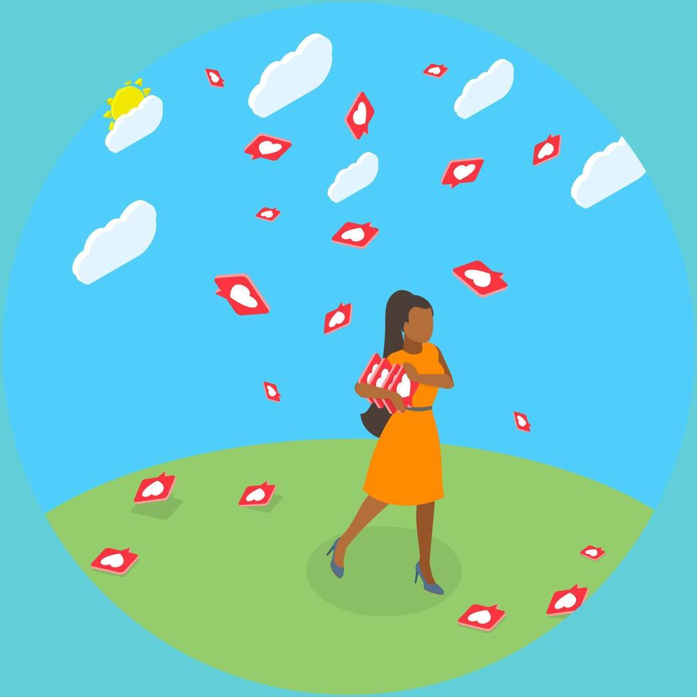 3D Isometric Flat Illustration of Addicted To Social Media, Popularity, Feedback, Influence vector