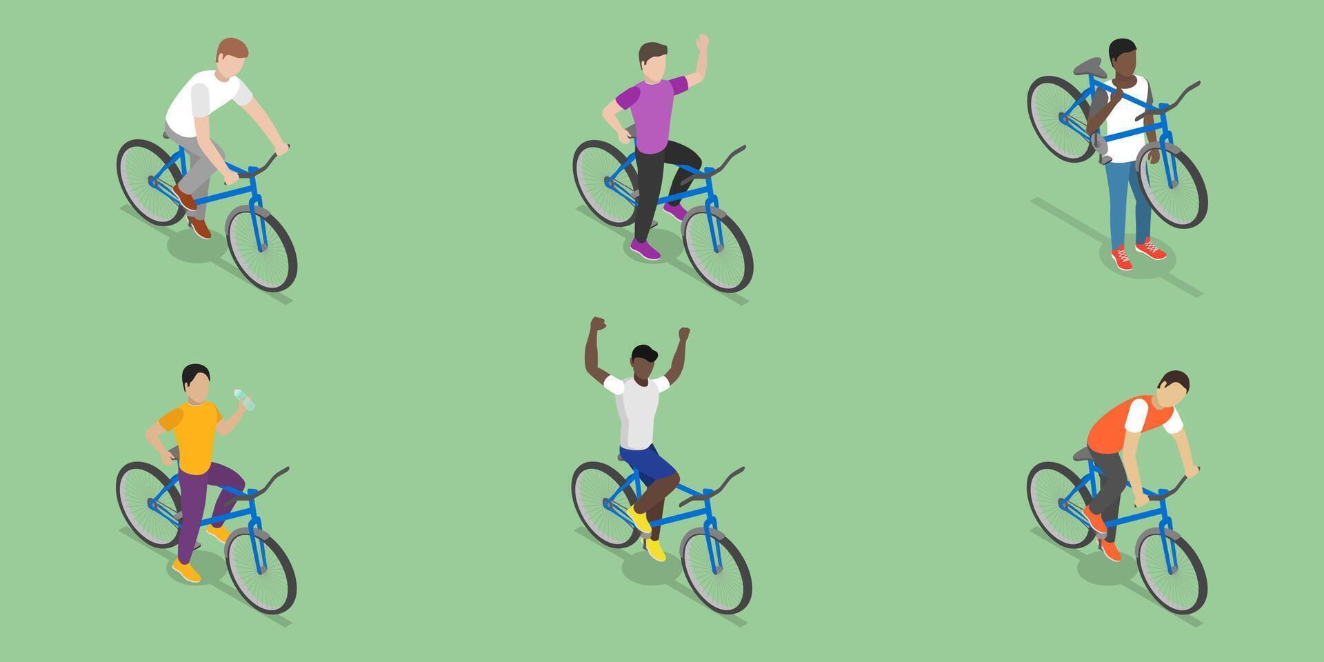 3D Isometric Flat Set of Cycling People, Recreational Outdoor Activity vector