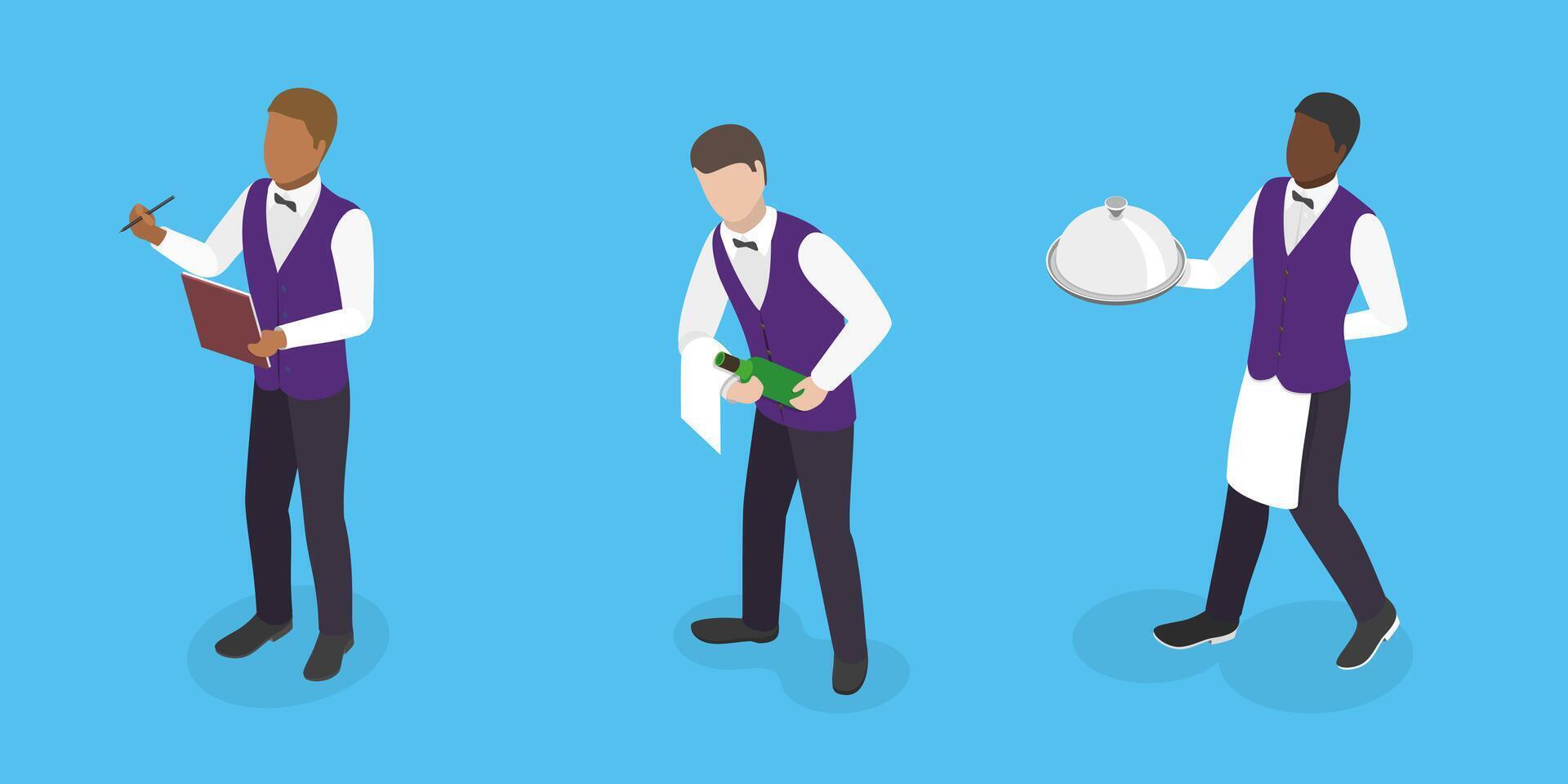 3D Isometric Flat Illustration of Restaurant Waiter, Taking a order, Delivering food in a restaurant. vector