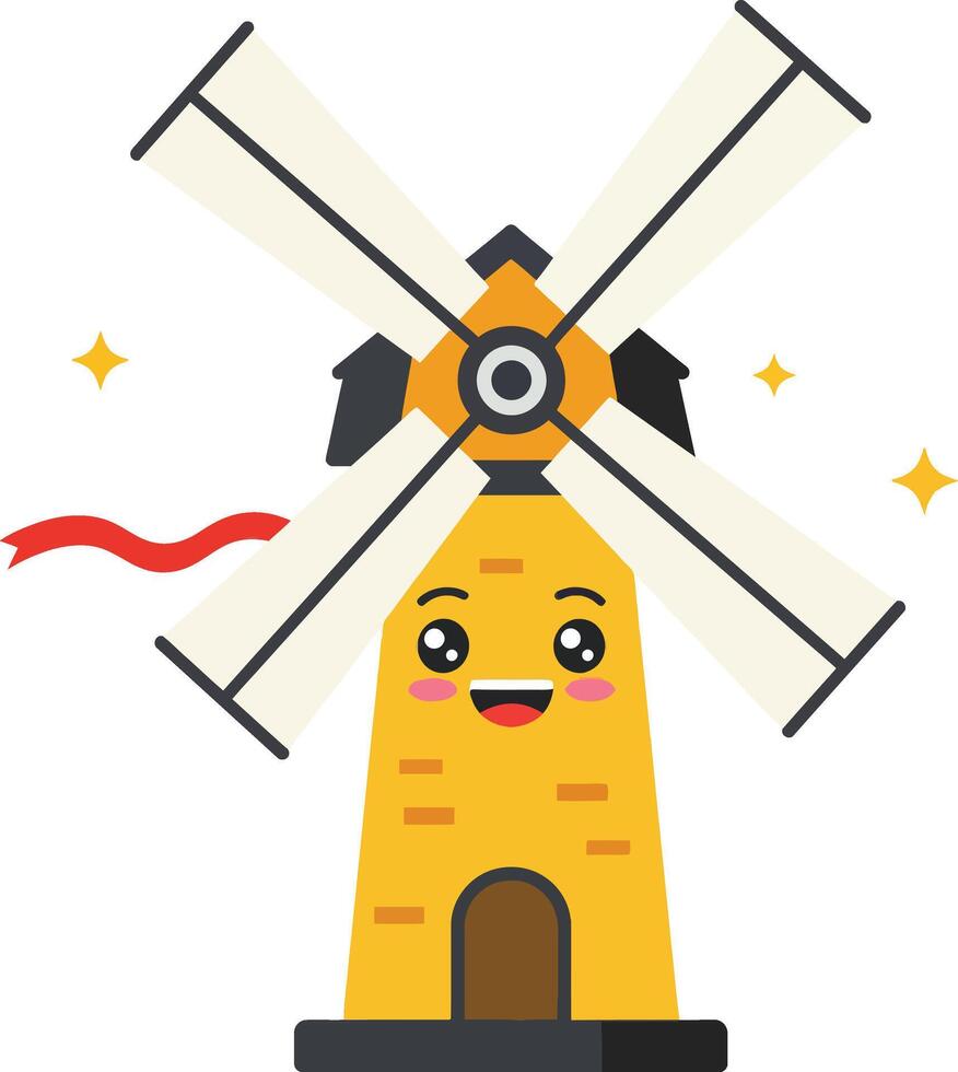 Windmill with happy face and red ribbon cheerful cartoon illustration in yellow and white colors vector