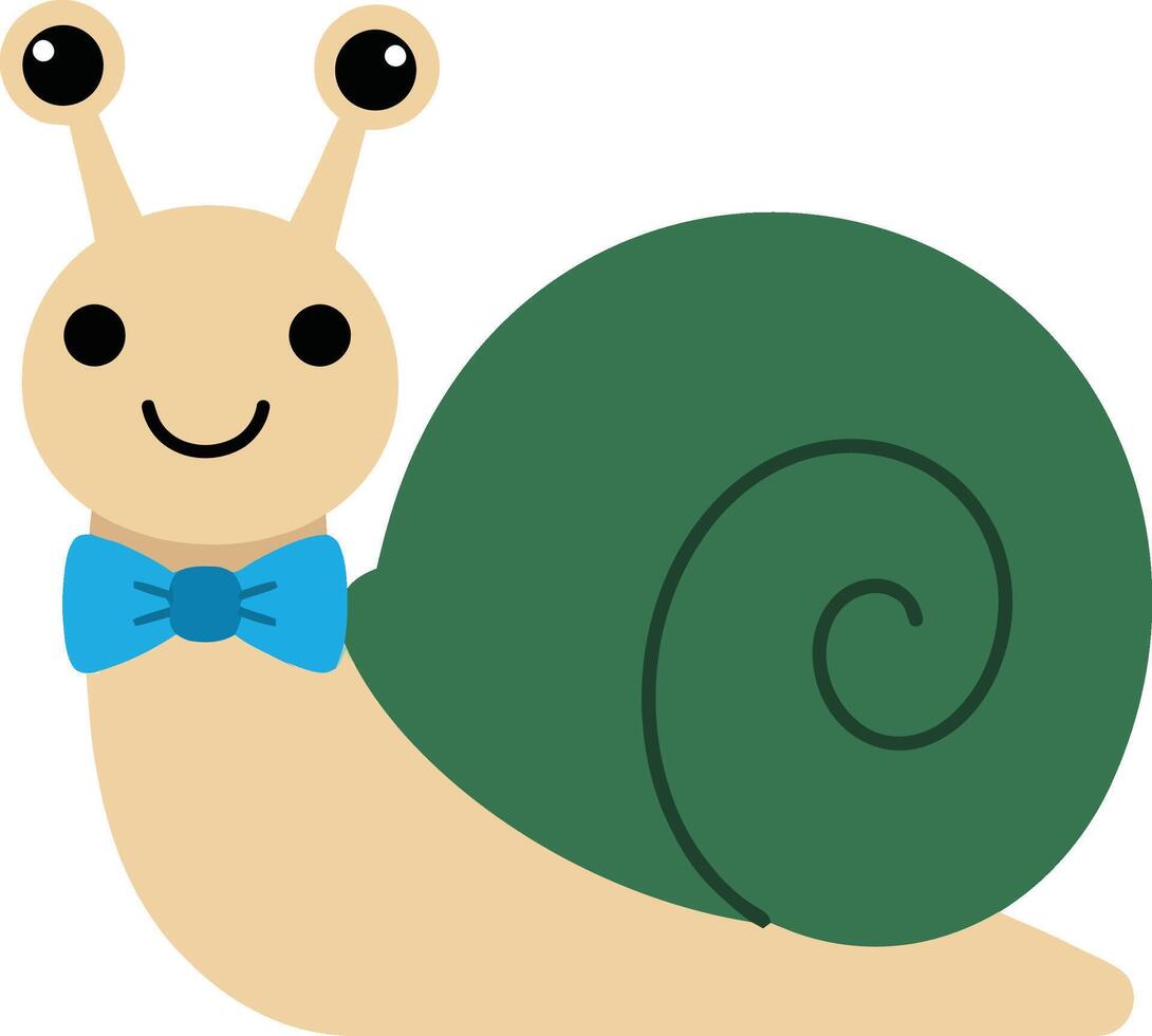 Cute snail with green shell and blue bow tie cartoon illustration smiling happy nature animal design vector