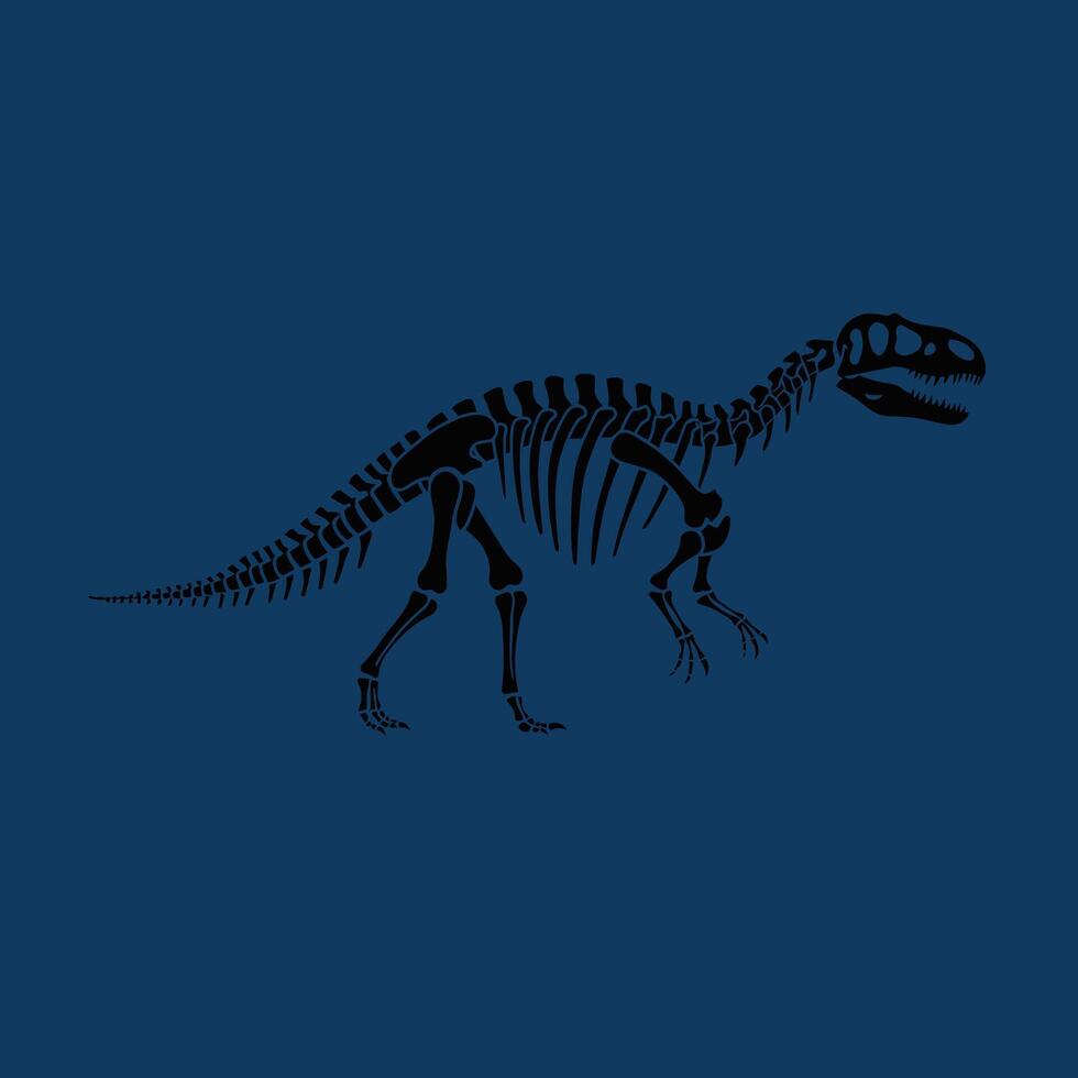 Tyrannosaurus rex dinosaur skeleton silhouette on dark blue background illustration with prehistoric theme vector