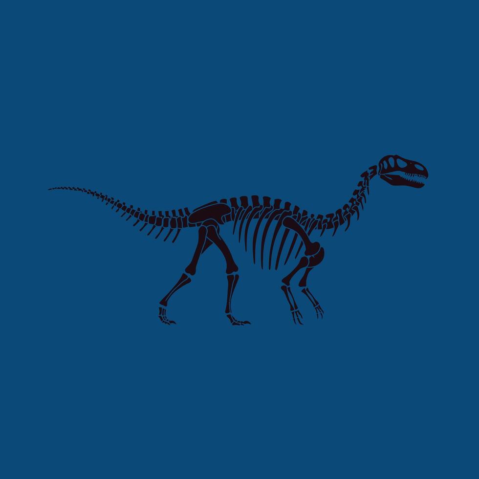 Dinosaur skeleton illustration with dark blue background natural history and prehistoric fossil outline design vector