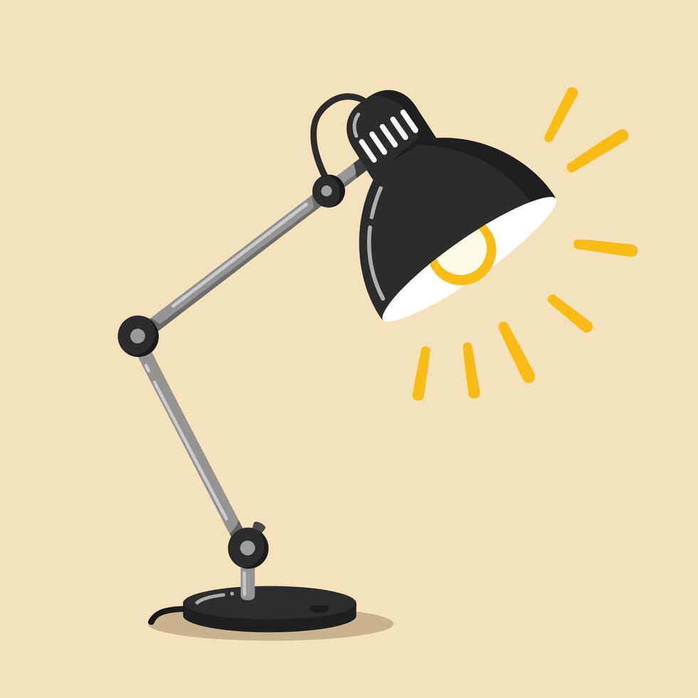 Adjustable black desk lamp with yellow light rays illustration in modern style vector