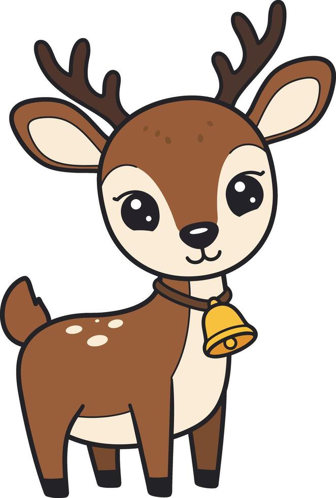 Cute young deer with antlers and bell collar cartoon illustration in brown and beige tones vector