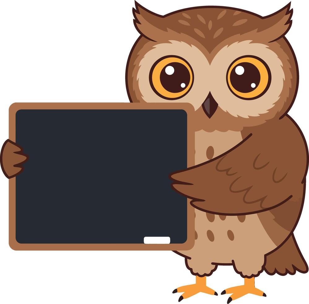 Owl holding blank blackboard sign illustration with big eyes and brown feathers for education or message display vector