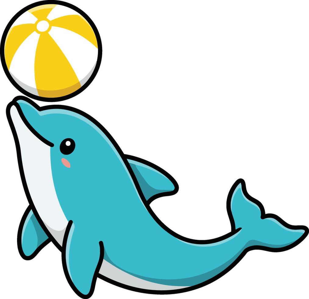Playful blue dolphin balancing yellow and white beach ball illustration with cute design elements vector