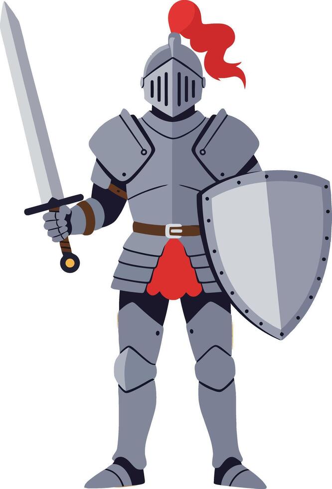 Medieval knight in full armor holding sword and shield with red plume helmet illustration vector