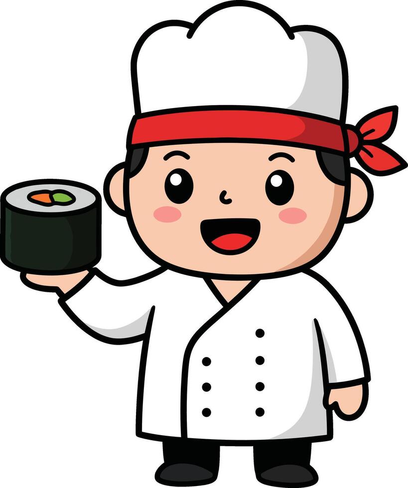 Cute sushi chef character holding fresh sushi roll in cartoon style with white hat and red headband illustration vector