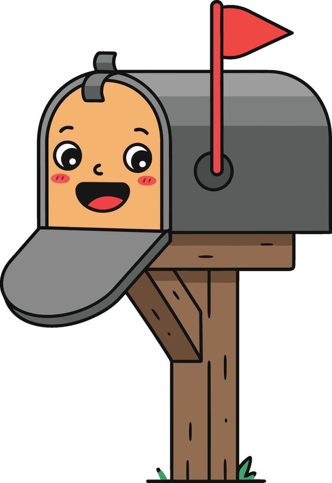 Happy cartoon mailbox with red flag and wooden post smiling illustration vector