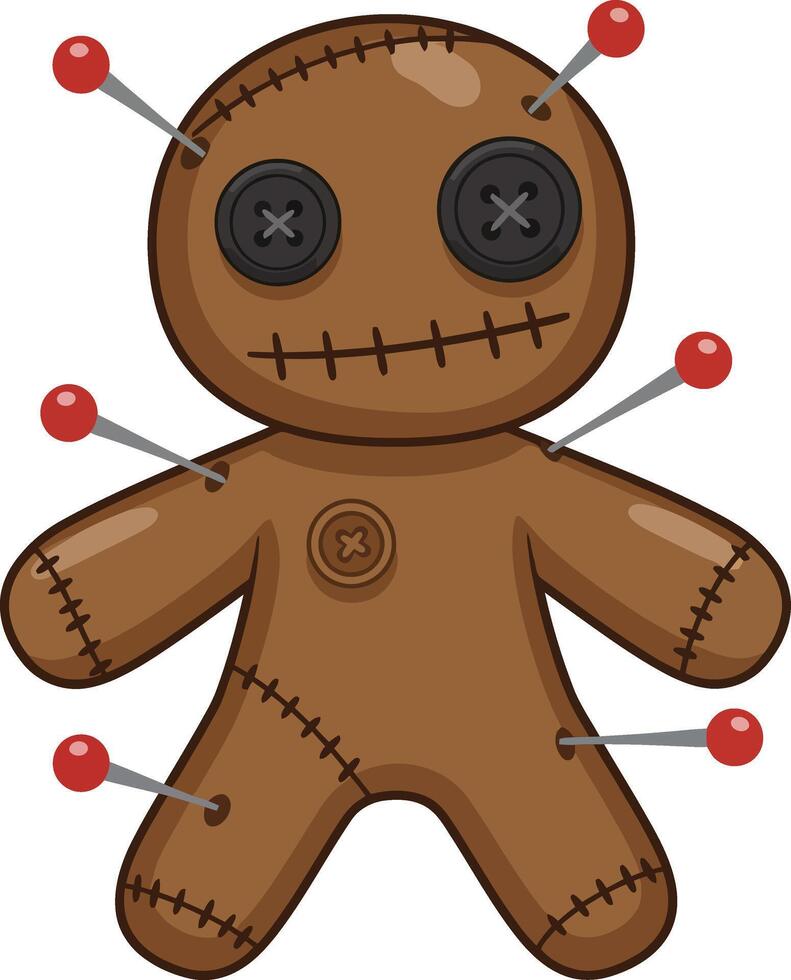 Voodoo doll with red pins and button eyes illustration in brown fabric style vector
