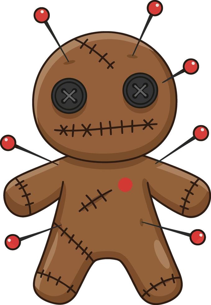 Voodoo doll with red pins and button eyes stitched on brown fabric for mystical and ritual illustration vector