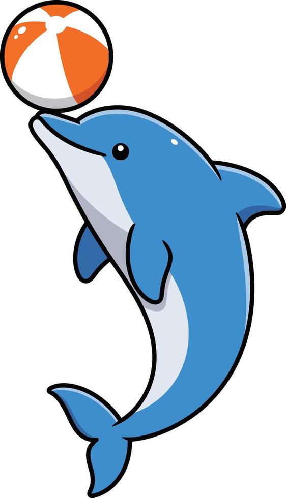 Playful dolphin balancing orange and white beach ball illustration in cartoon style vector