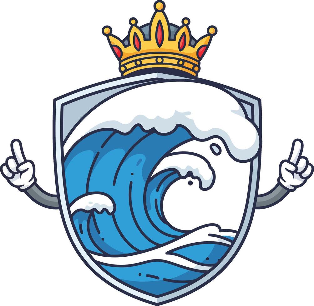 Wave emblem with golden crown and shield design in blue and white colors for nautical and marine themes illustration vector