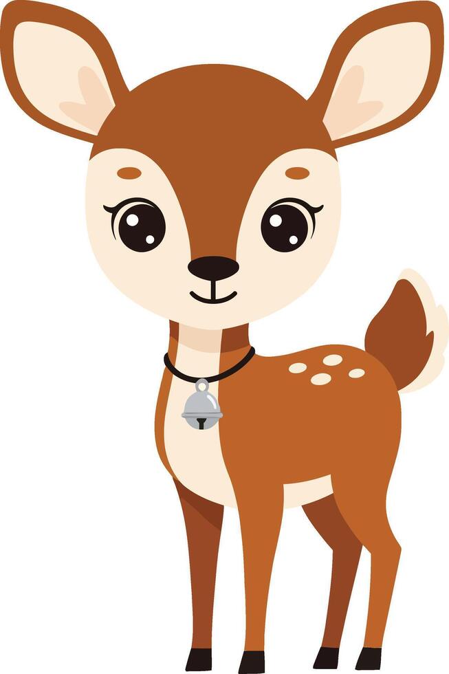 Cute young deer standing with bell collar in simple cartoon style illustration vector