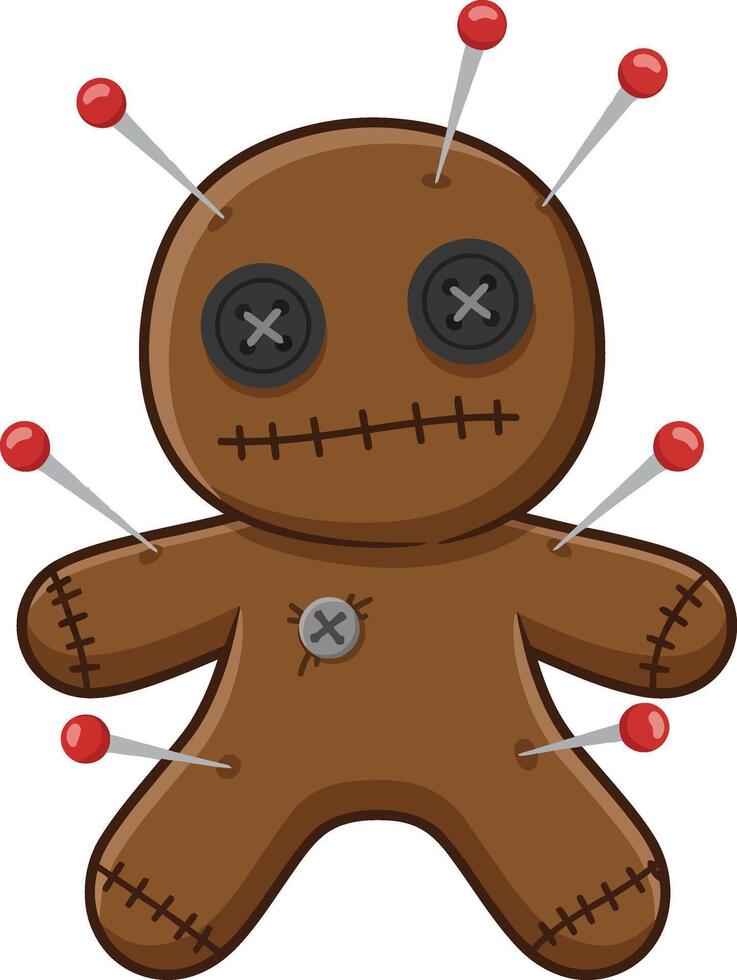 Voodoo doll with red pins and button eyes stitched on brown fabric illustration vector
