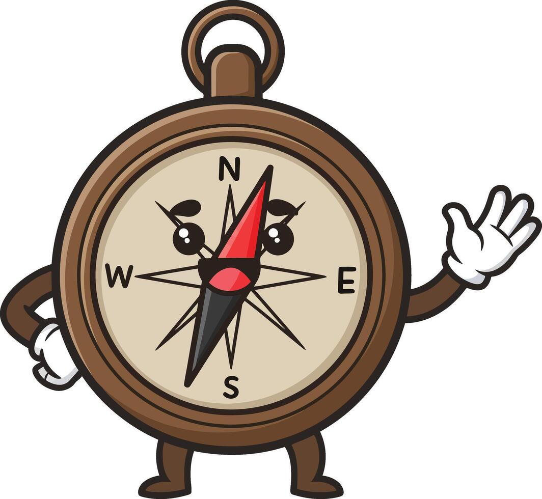 Cartoon animated compass character with friendly gesture and expressive eyes illustration vector