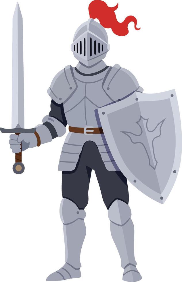 Medieval knight in silver armor holding sword and shield with red plume illustration vector