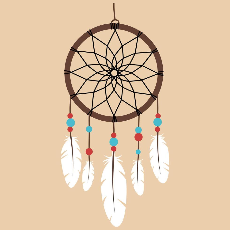 Dreamcatcher with white feathers and blue red beads hanging on beige background illustration vector