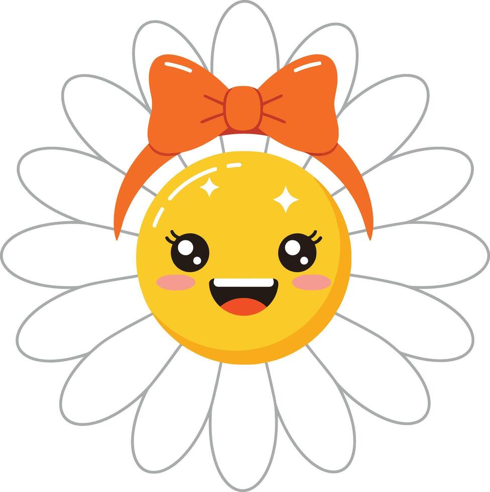 Cute smiling daisy flower with orange bow headband kawaii style illustration vector