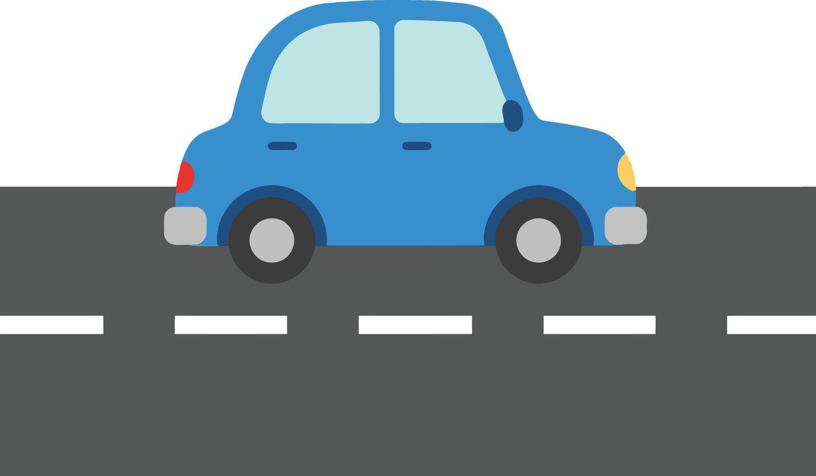 Blue compact car driving on gray asphalt road with white dashed lines illustration vector