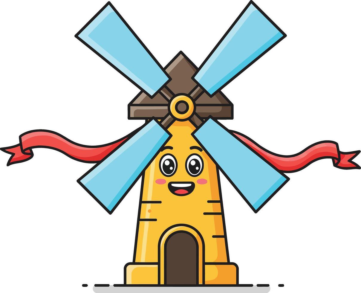 Windmill with smiling face and blue blades cartoon style illustration in cheerful expression vector