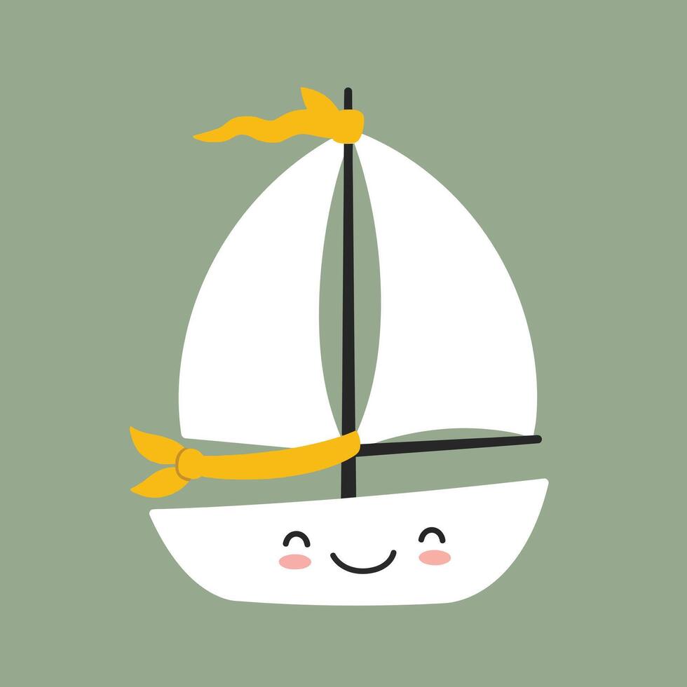 Cute white sailboat with yellow flags and smiling face on green background illustration vector