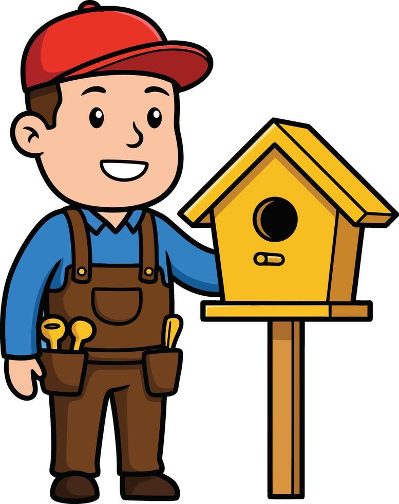 Carpenter holding wooden birdhouse with tools and red cap in cartoon style illustration vector