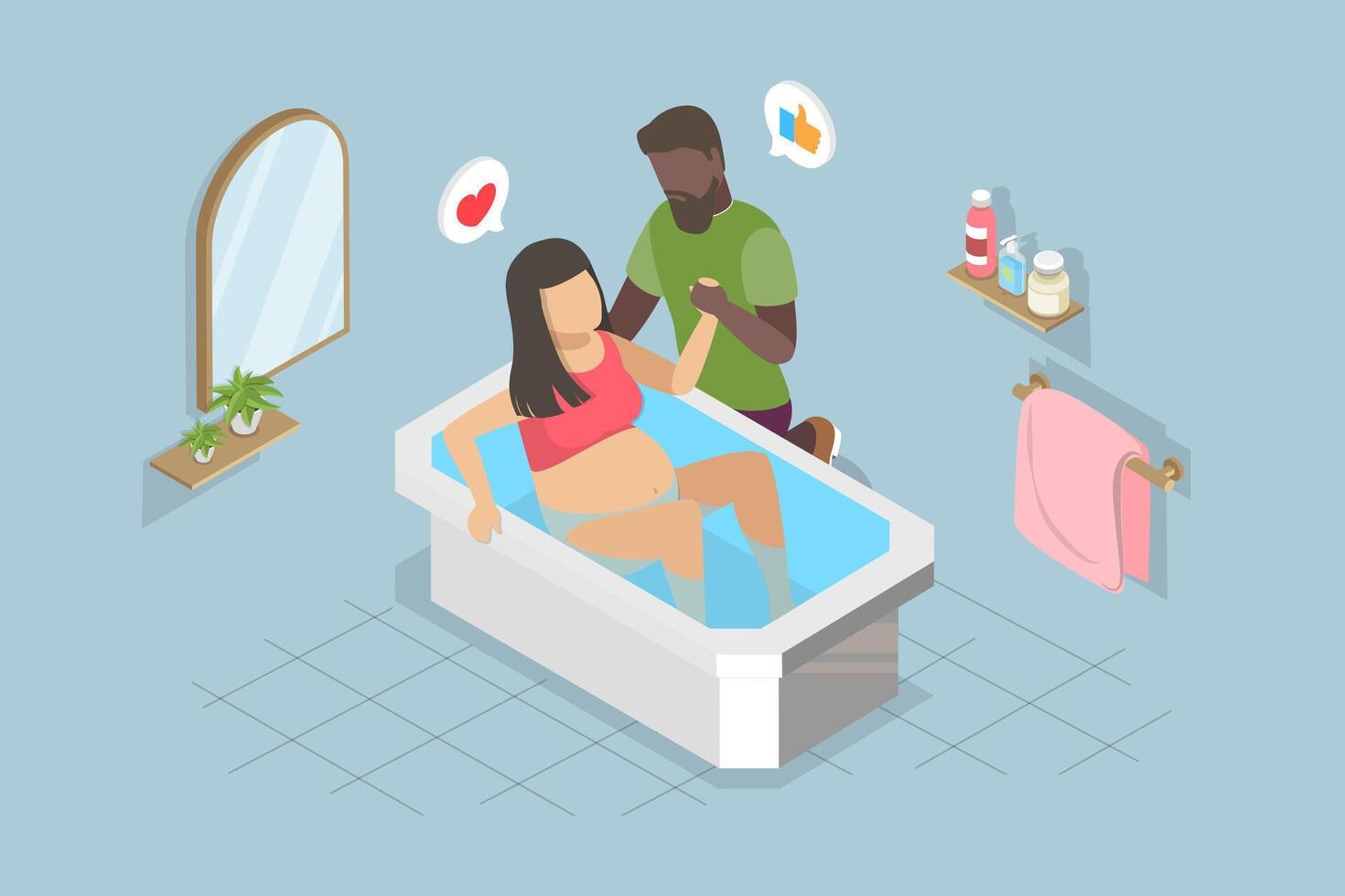 3D Isometric Flat Illustration of Childbirth, Giving Birth at Home vector