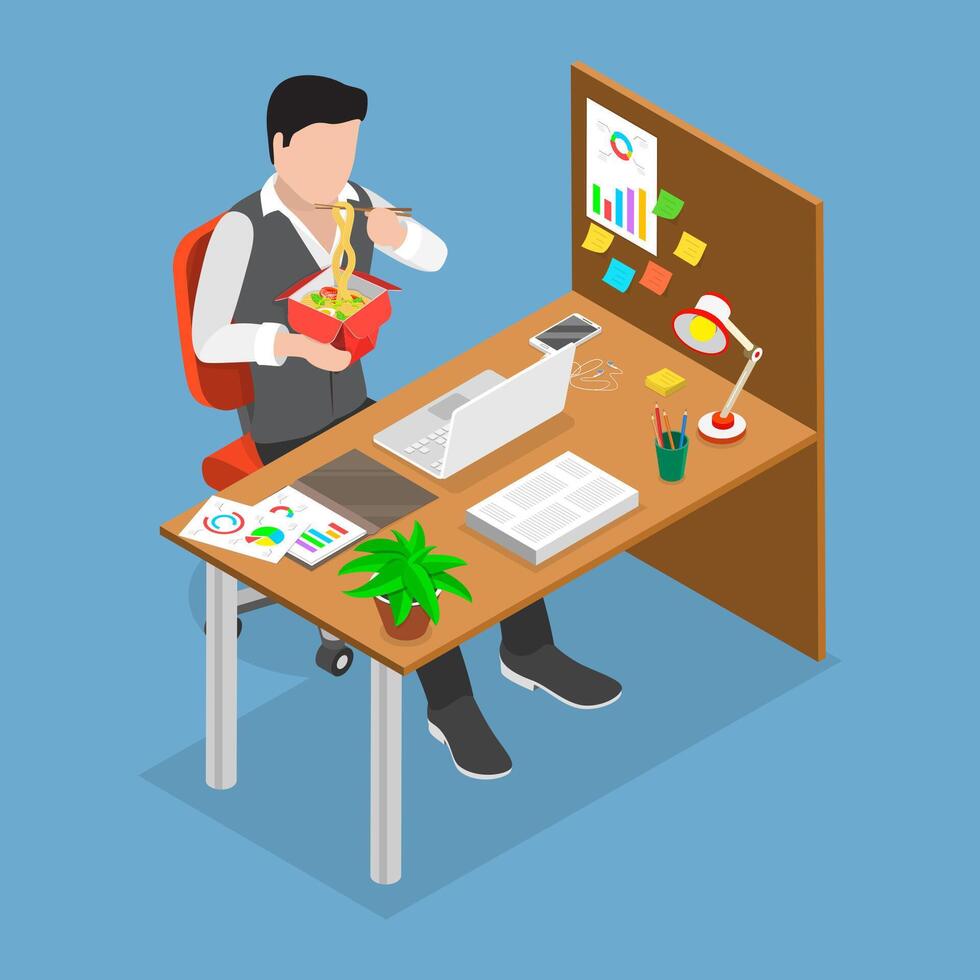 3D Isometric Flat Illustration of Quiet Workplace , Man Having a Peaceful Lunch Break at Work. vector