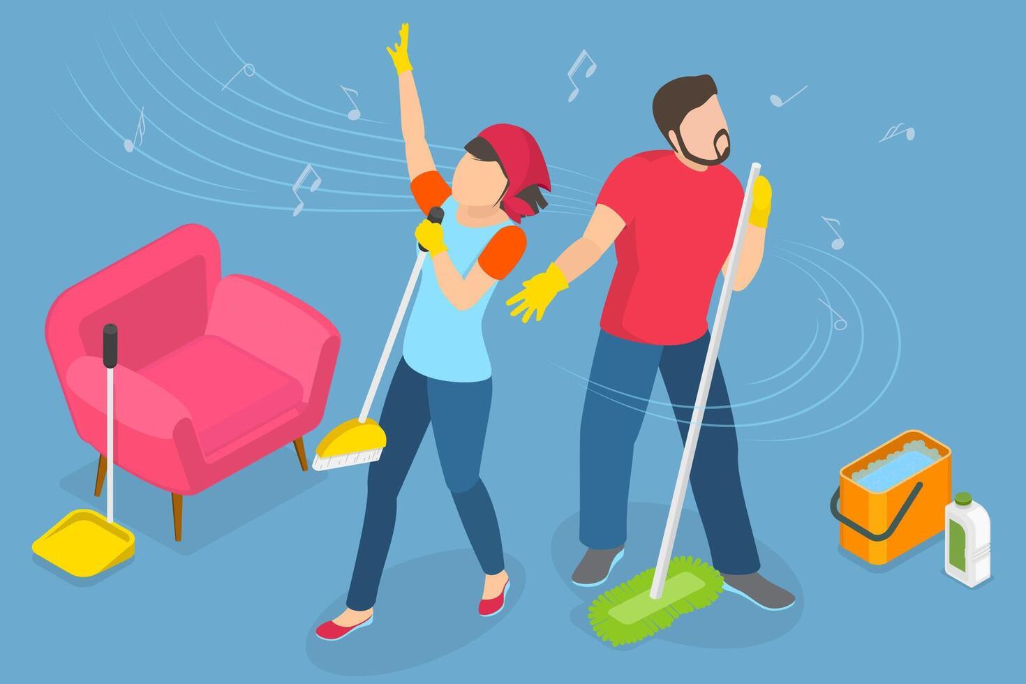 3D Isometric Flat Illustration of Joyful Couple Tidying Their Home, Cleaning House and Dancing to Music Beats vector