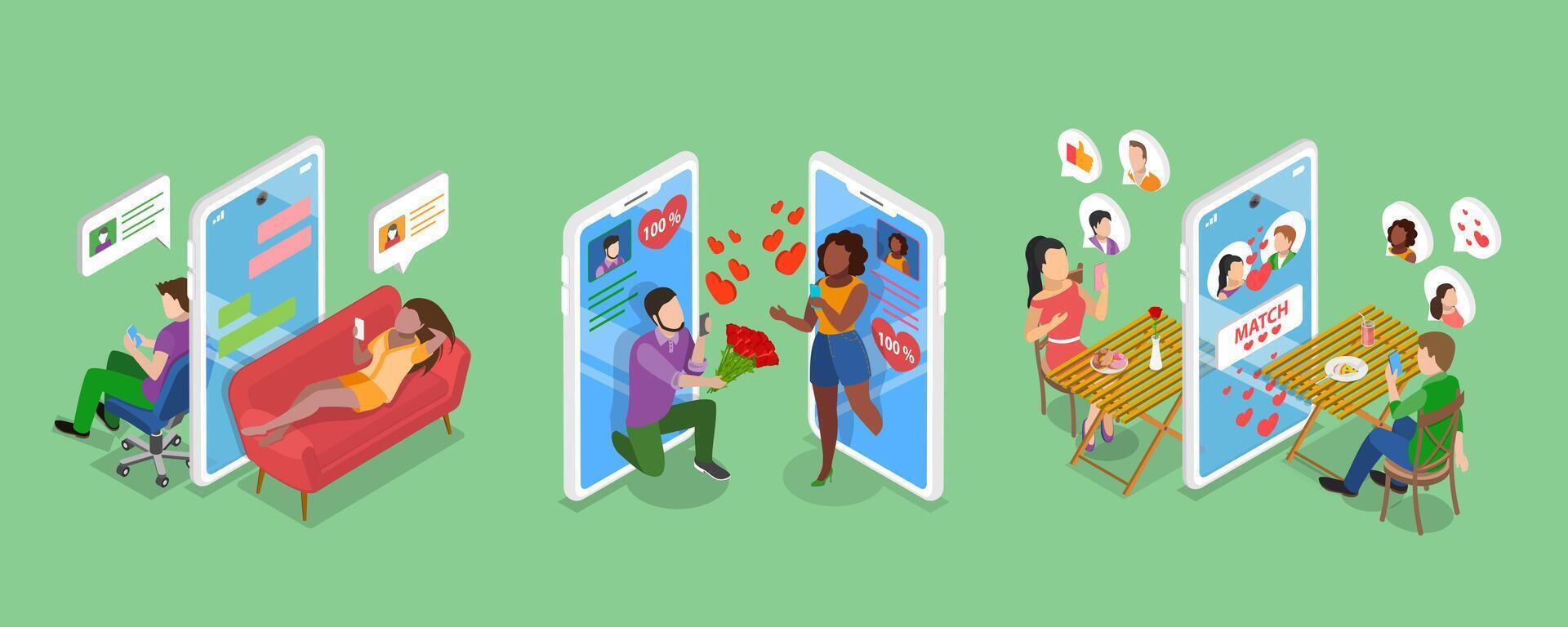 3D Isometric Flat Illustration of Dating App, Virtual Relationship vector