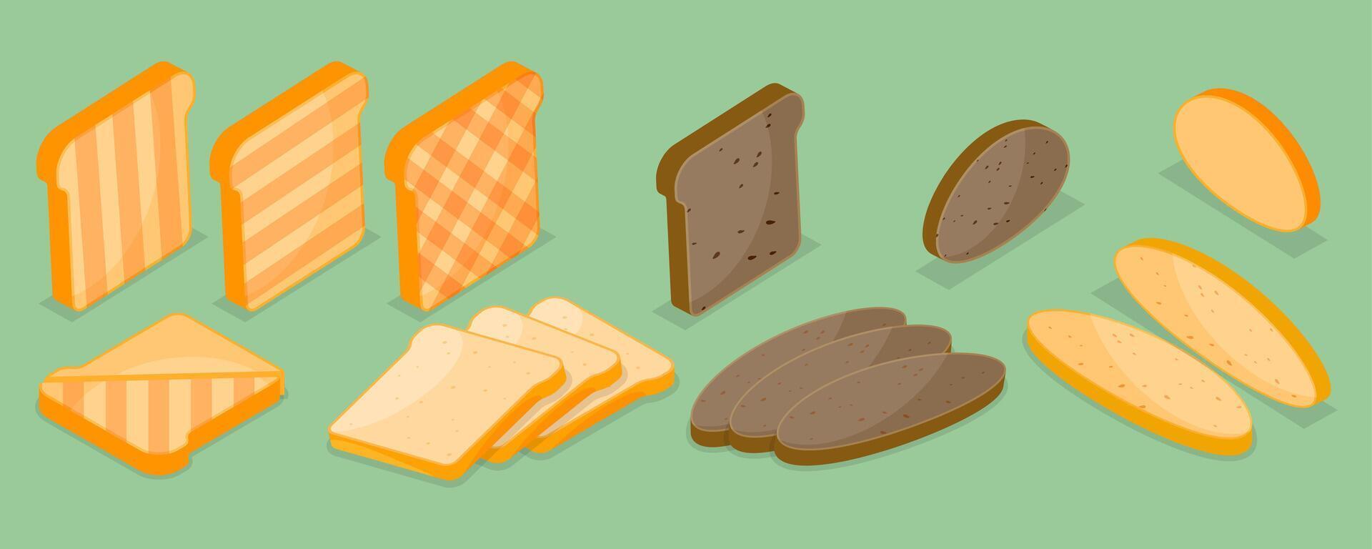 3D Isometric Flat Set of Breakfast Toasted Bread, Baked Bread Products vector